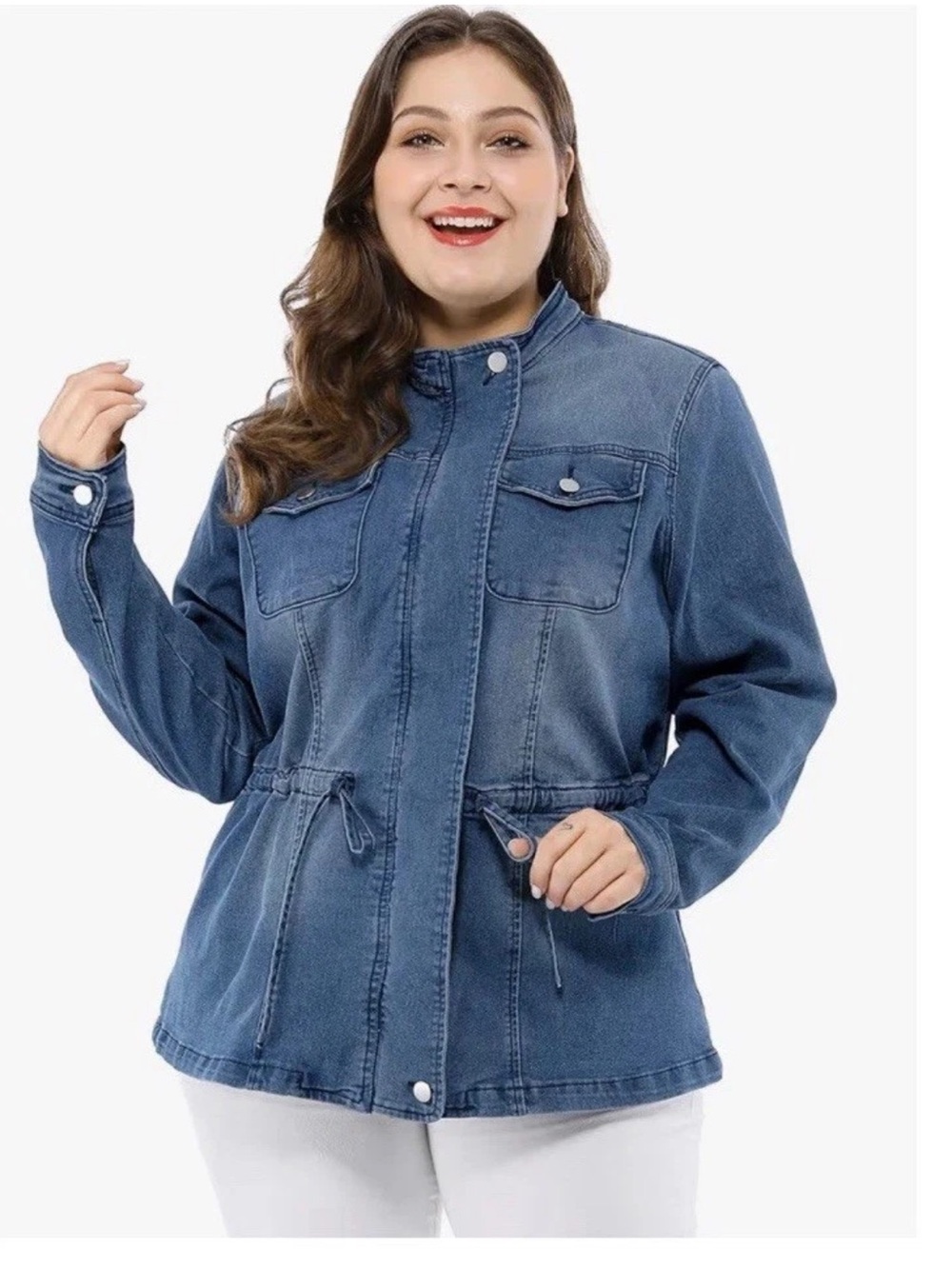 Agnes Orinda Women's Blue Jean Jacket 1X Plus Stand Collar Zip Drawstring